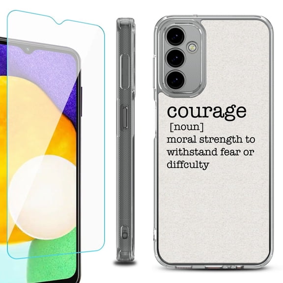 Shockproof Bumper Phone Case for Samsung Galaxy A14 5G, with Tempered Glass Screen Protector, by OneToughShield ® - Dictionary/Courage