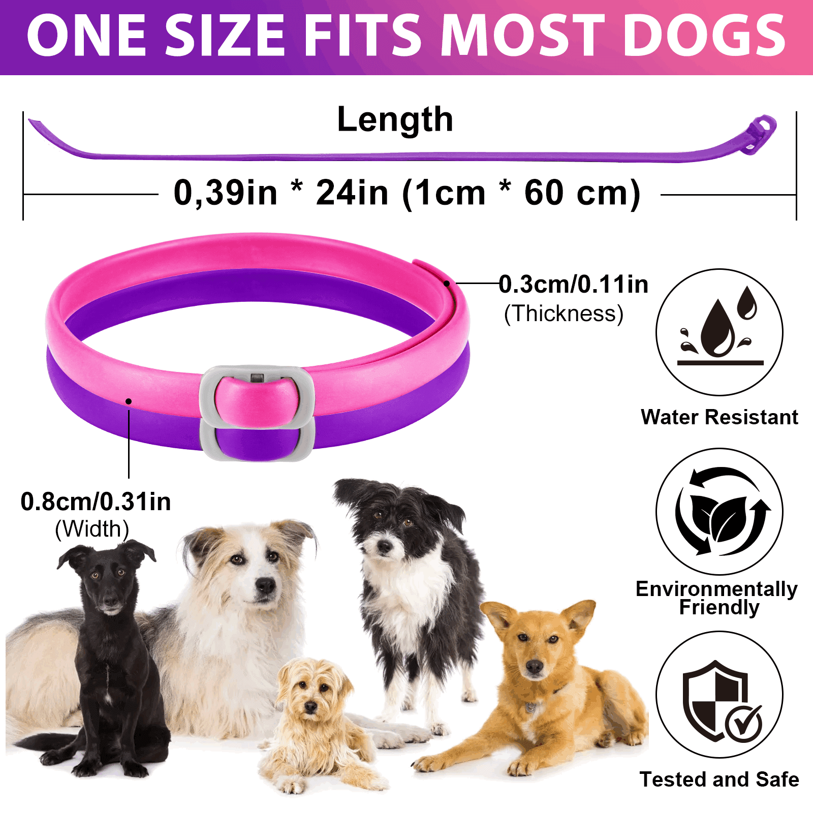 Oimmal Collar for Dog and Puppy, 24 Months Protection, 19inch Adjustable, Waterproof, Natural Ingredients, 4 Collars - Pink & Purple