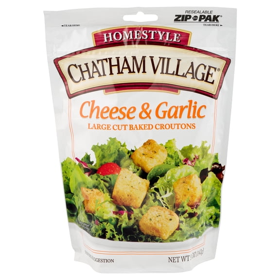 Chatham Village Large Cut Cheese and Garlic Croutons, 5 oz Resealable Bag
