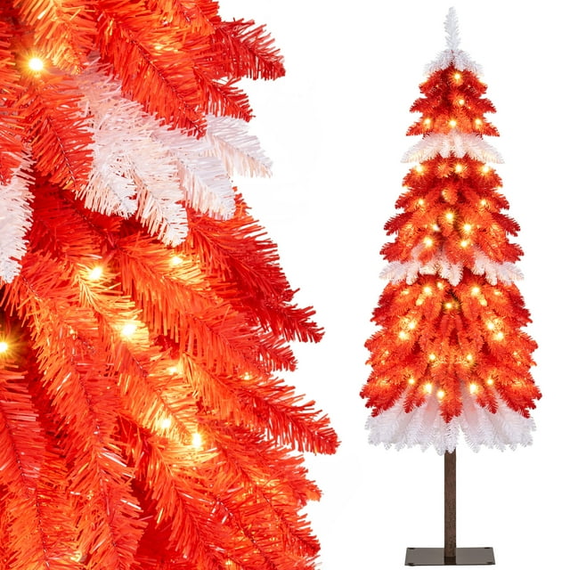 Gymax Arbre de Noël Artificiel de 5 Pi Pré-Éclairé avec 301 Branches Rouges et Blanches Rouge, Blanc et Brun