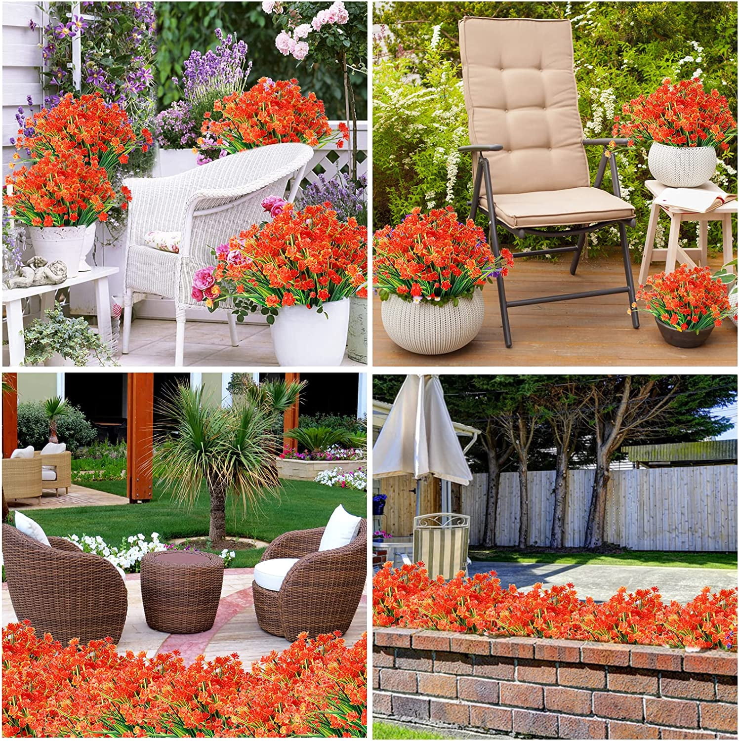 Morttic Artificial Flowers for Outdoors Plastic UV Resistant Faux Flowers Decoration Greenery Garden Shrubs，Bulk Fake Flowers in Vase (Orange 4pcs)