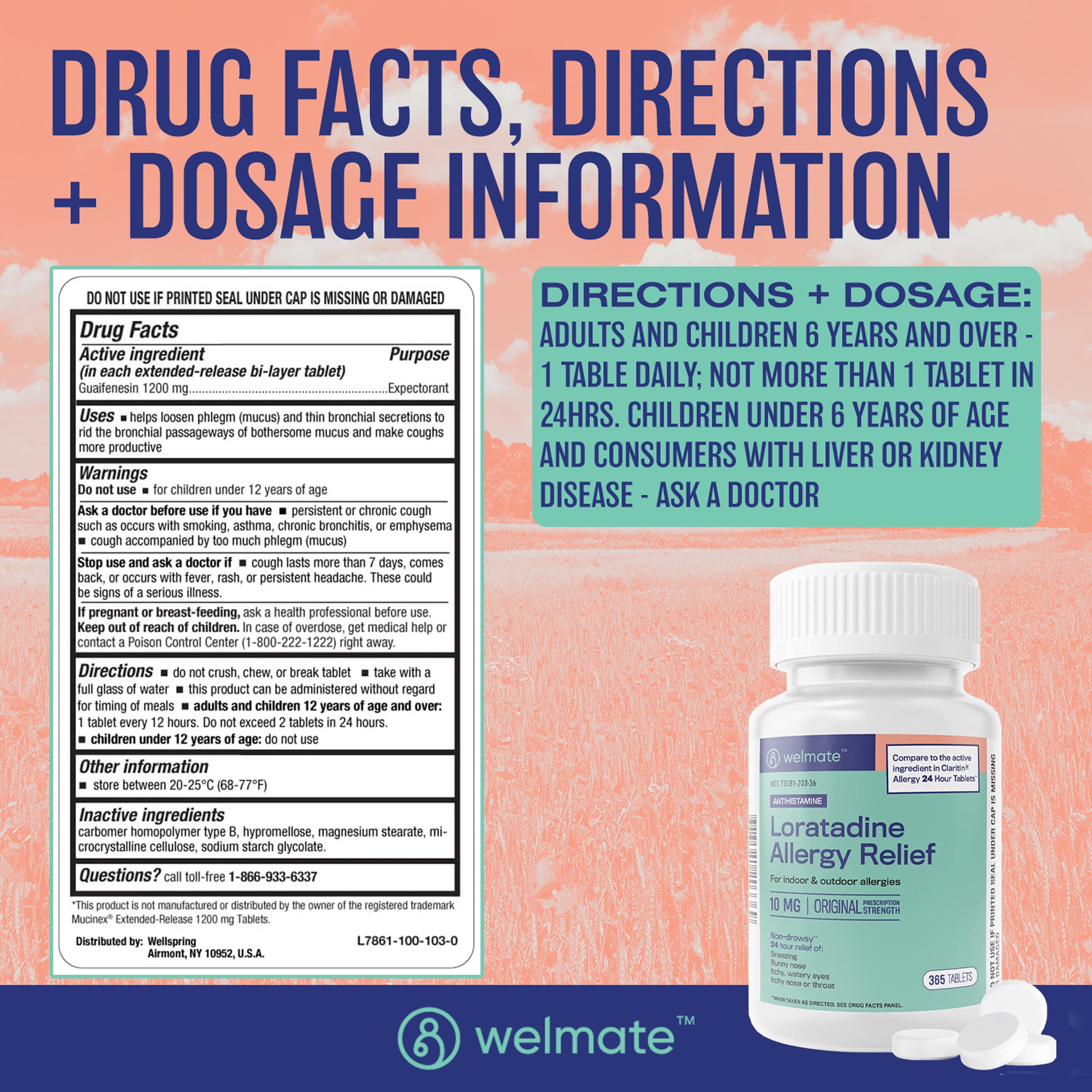 WELMATE Allergy Medicine, Loratadine 10mg, 24HR Allergy Relief, 100 Tablets, Compare to Claritin®