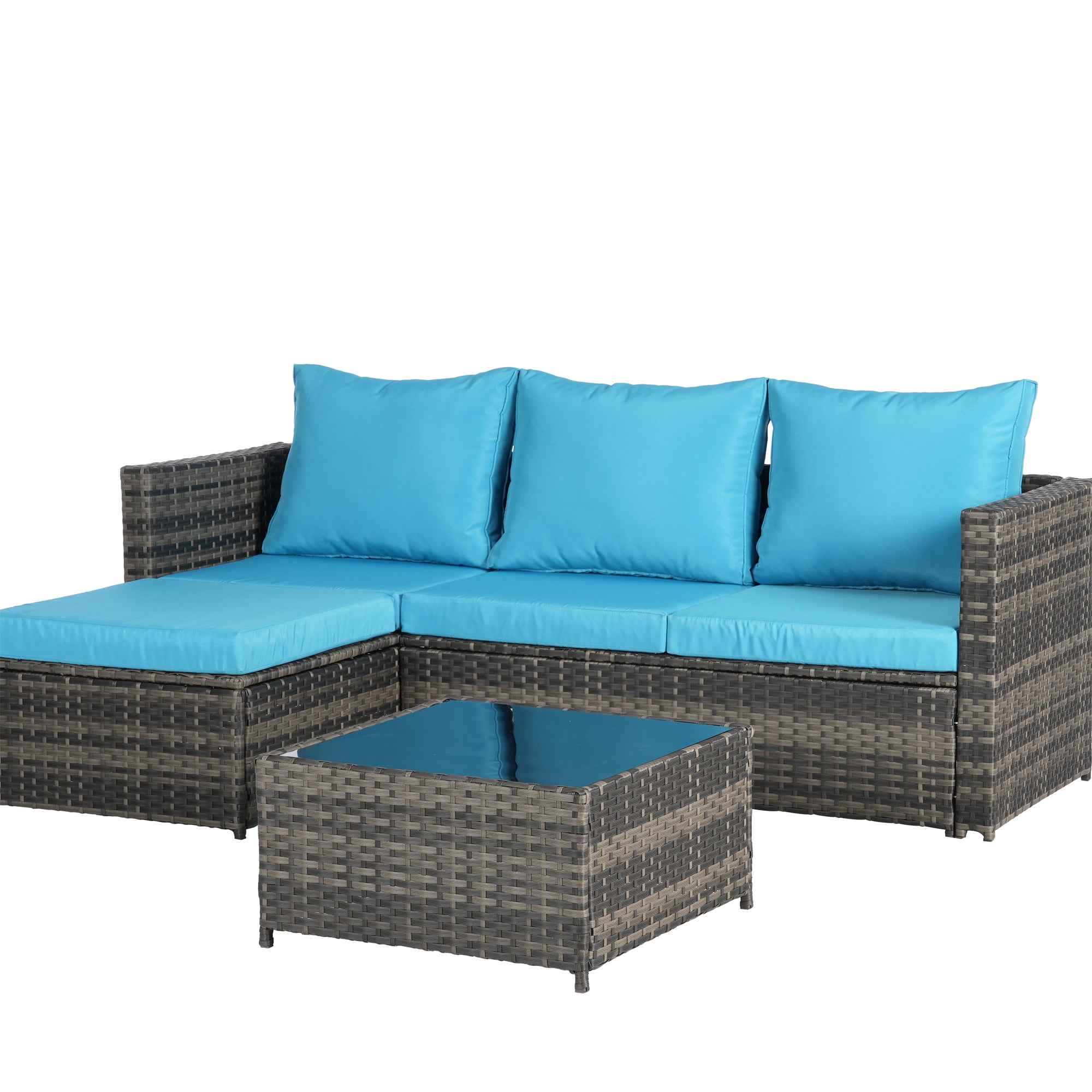 Aukfa Outdoor Patio Furniture Set - L shape Wicker Sectional Sofa with Coffee Table - Light Blue Cushions