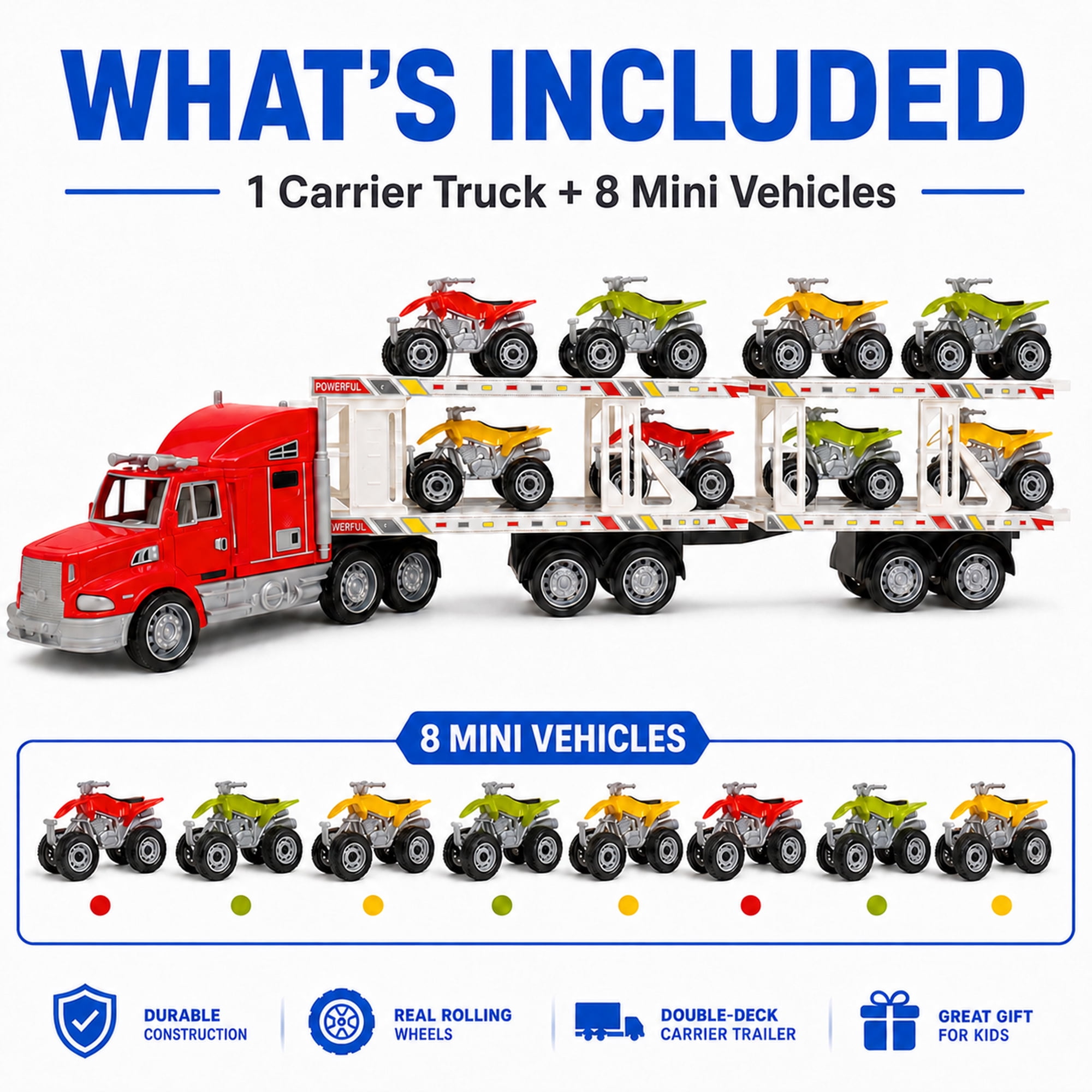 9-Piece Mini Vehicle Carrier Truck Playset, Double-Deck Toy Transport Truck with 8 Mini Vehicles, Friction Powered Semi Truck Toy, No Batteries Required, Gift for Kids Ages 3+