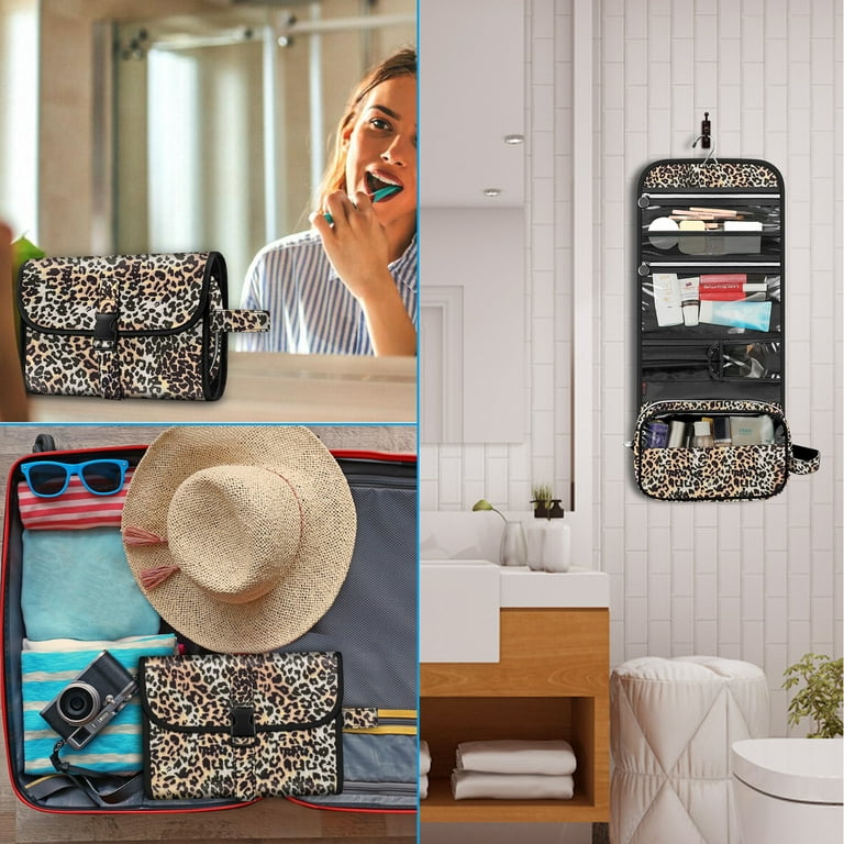 Fintie Portable Toiletry Cosmetic Travel Bag Large Water Resistant Hanging Makeup Organizer Storage Pouch Case for Women Girls Leopard
