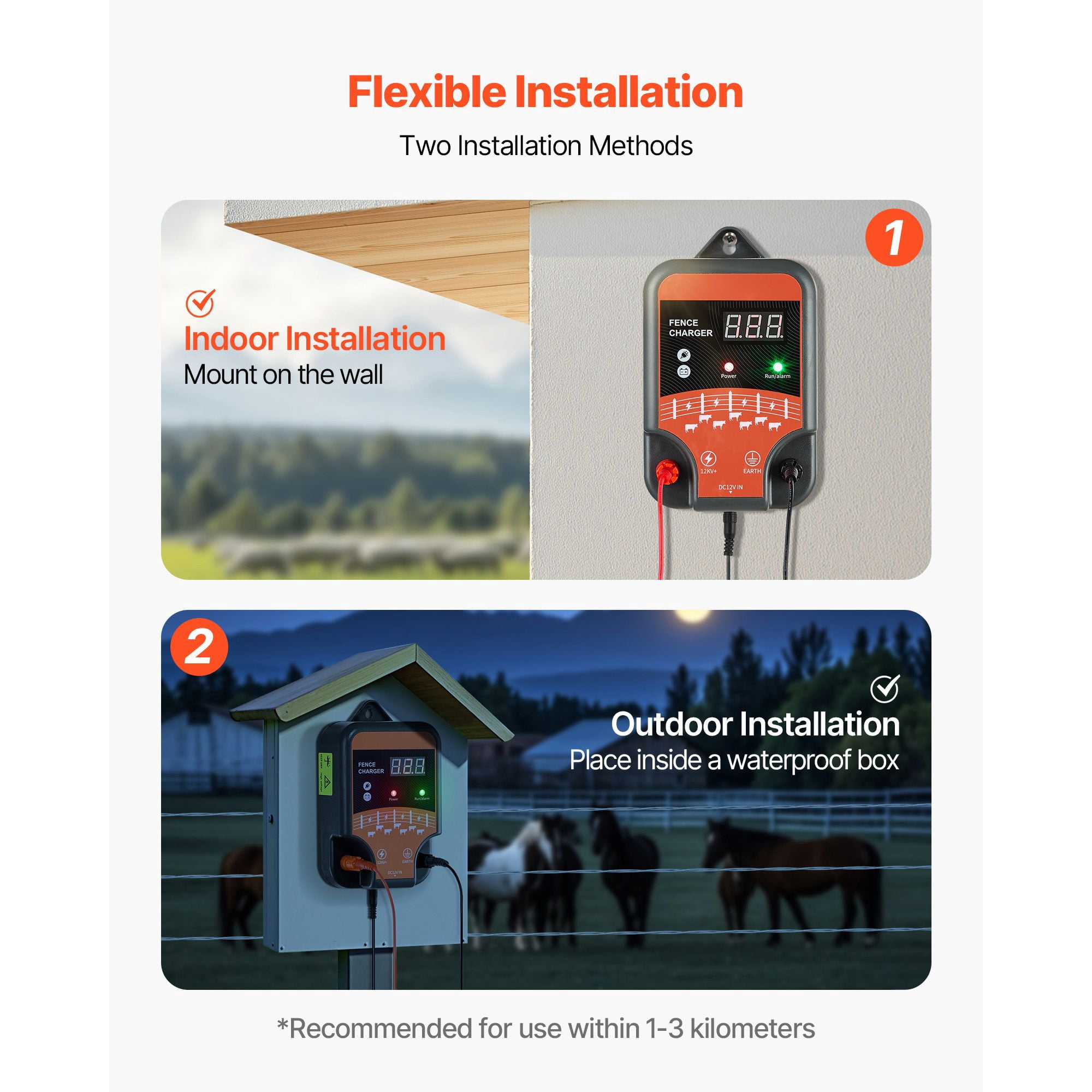 Electric Fence Charger, 3 Joule 12kV Output, Supports AC/DC/Solar Power, IP65 Waterproof, -40°F to 131°F, 1-3 km Range for Livestock and Wildlife Protection