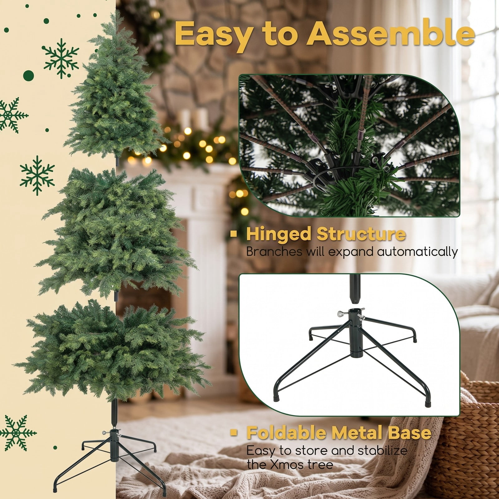 RUIE 7.5 ft Artificial Christmas Tree, Green Hinged Holiday Xmas Tree with 1019 Lush Branch Tips, Foldable Metal Base, 3-Section Unlit Spruce Pine Tree for Home, Green