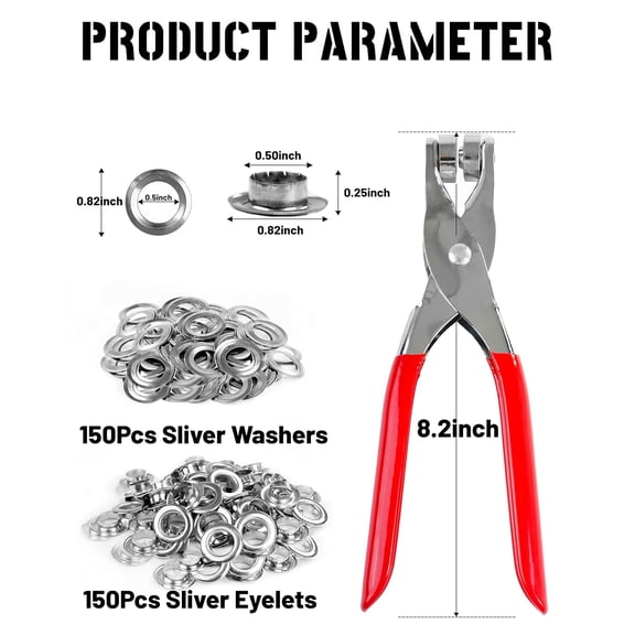 150Pcs Grommet Eyelet Pliers Kit, 1/2 Inch 12mm(Inside Diameter) Grommet Tool Kit, Eyelet Grommet Hand Press kit for Leather/Belt/Shoes/Crafts.