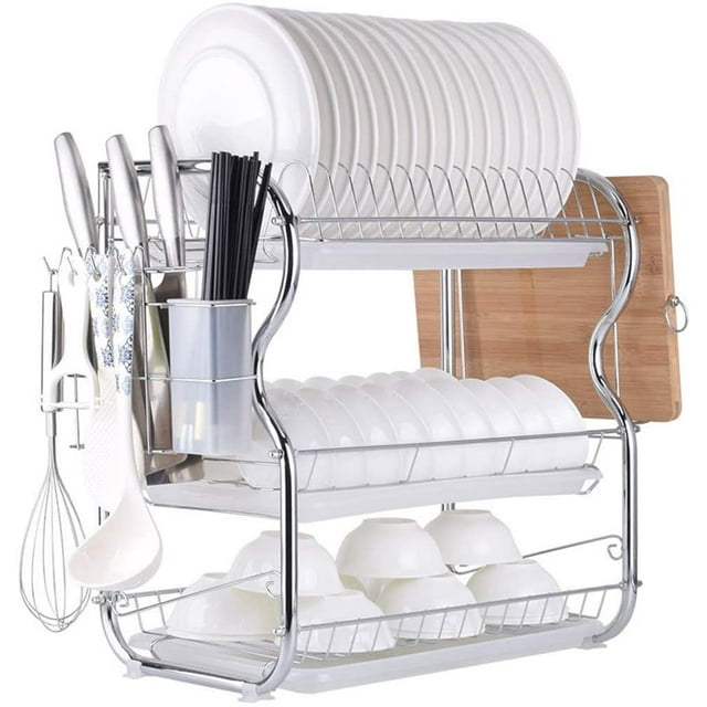 Multifunctional 3-Tier Dish Drying Rack, Stainless Steel Kitchen Sinkware Dish Rack Kitchen Supplies Drying Frame, Quick Dry with with Drainboard
