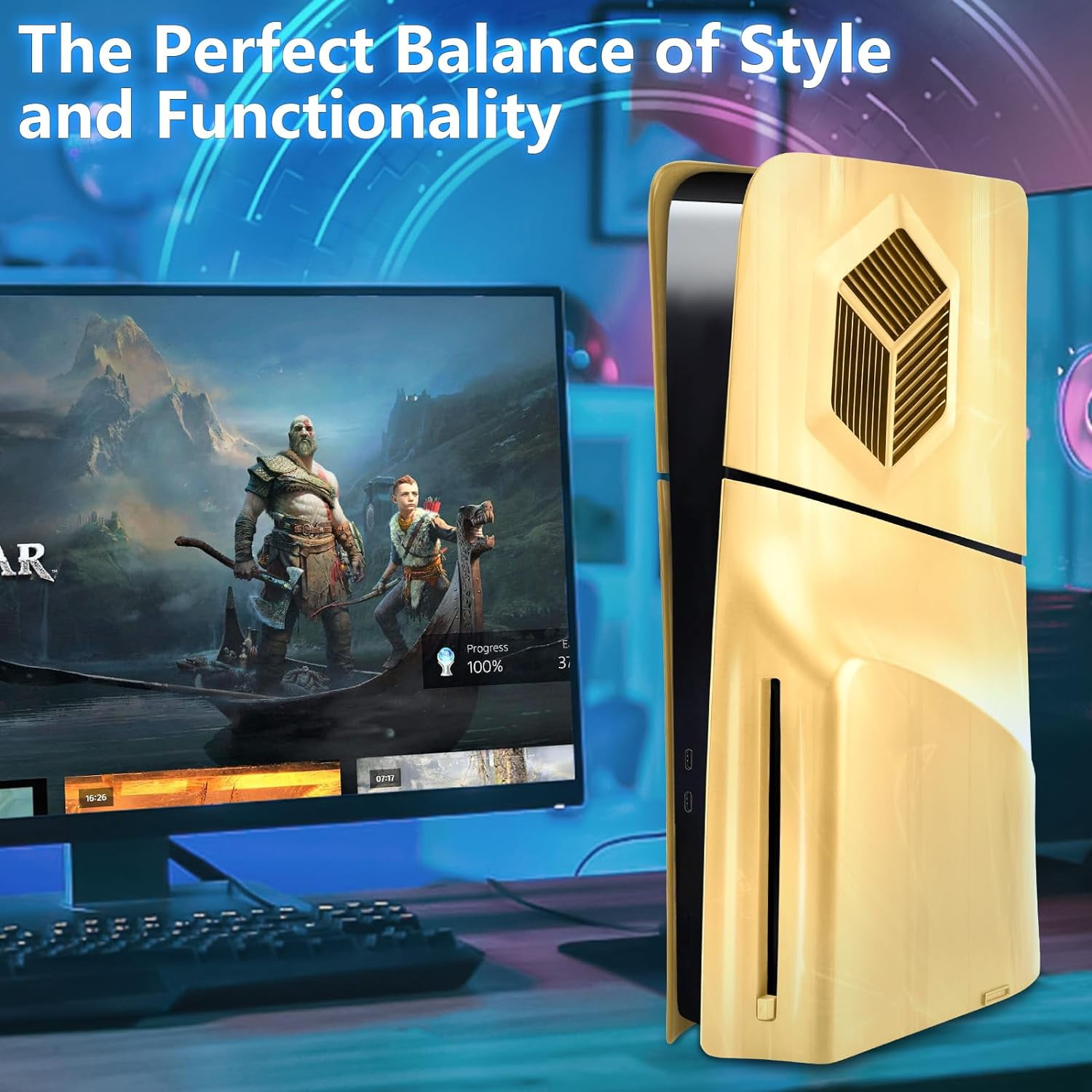 Console Cover Plates Accessories Compatible with PS5 Slim Disc Edition, Dustproof Protective Skin Faceplate Shell Panels with Cooling Vents-Gold