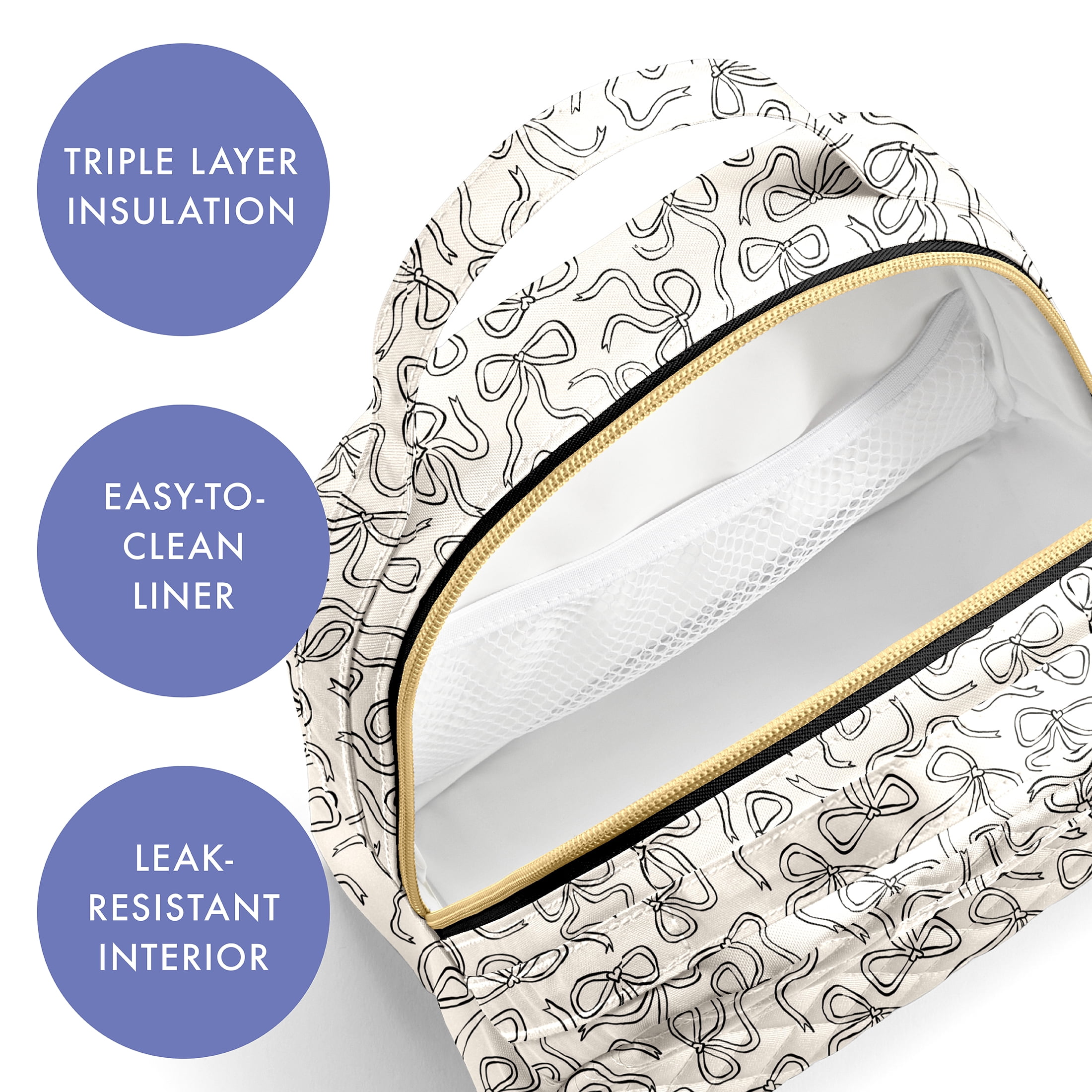 Fit & Fresh Evelyn Quilted Lunch Bag for Women, White with Black Sketched Bows