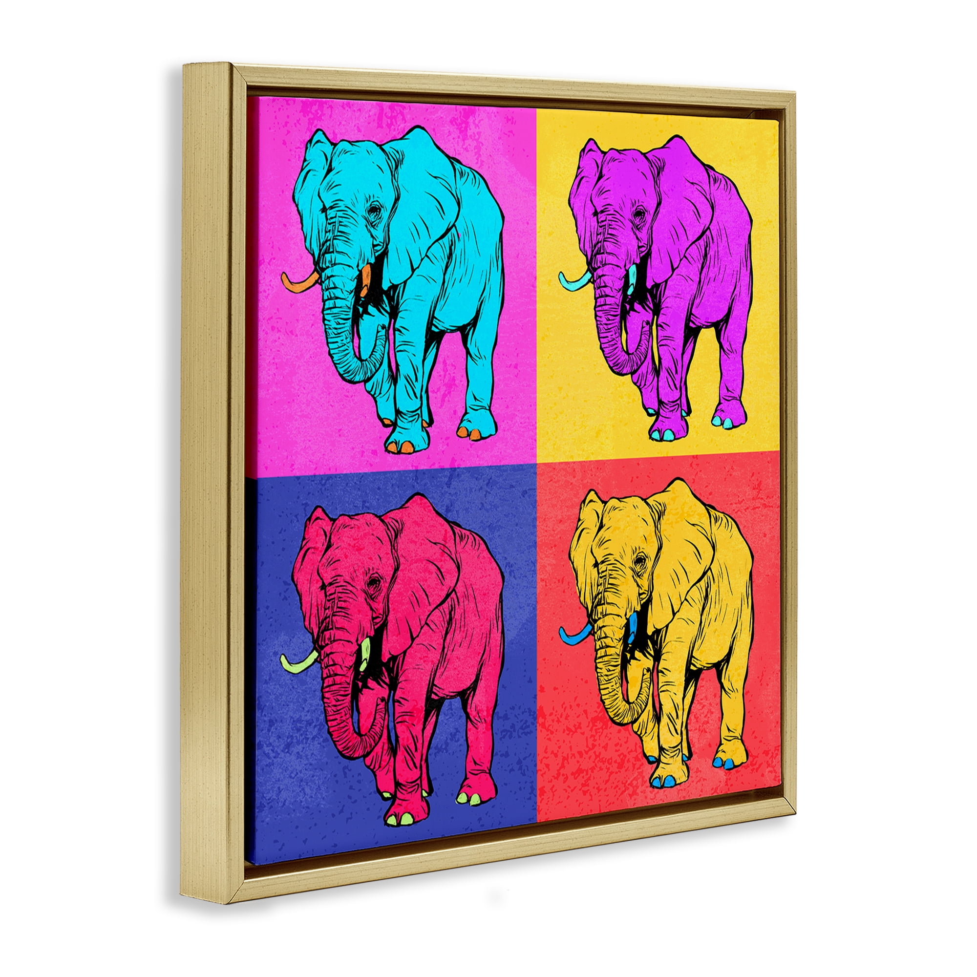 Stupell Industries Bold Pop Elephants Animals Painting Gold Floater Framed Canvas Art Print Wall Art, 18 x 18