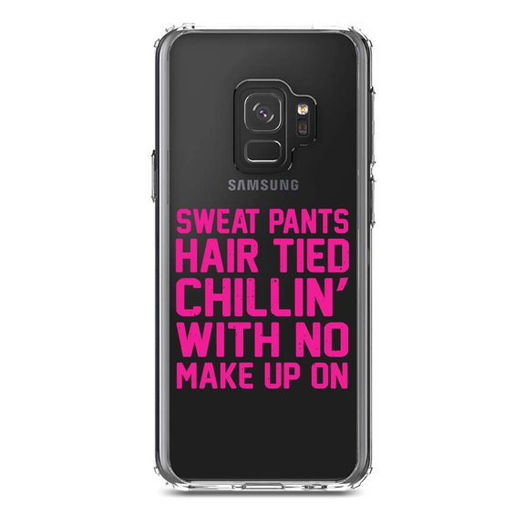 DistinctInk Clear Shockproof Hybrid Case for Samsung Galaxy S9 (5.8" Screen) - TPU Bumper Acrylic Back Tempered Glass Screen Protector - Sweat Pants Hair Tied Chillin' With No Make Up On