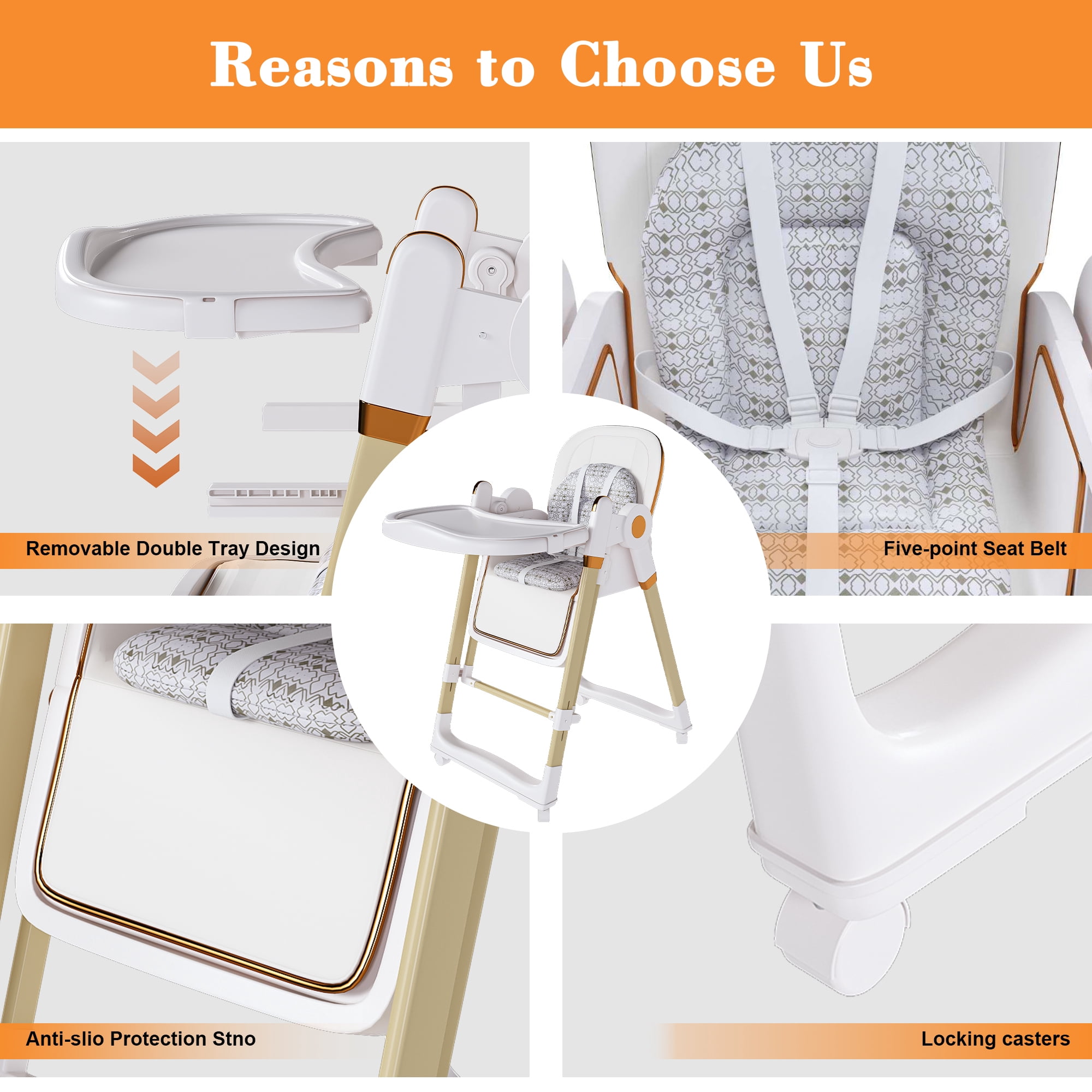 Jopath Convertible Baby High Chair with 5-Point Harness,Adjustable Portable Foldable Feeding Chair with Wheels & Removable 2-Tier Tray for Dining,White