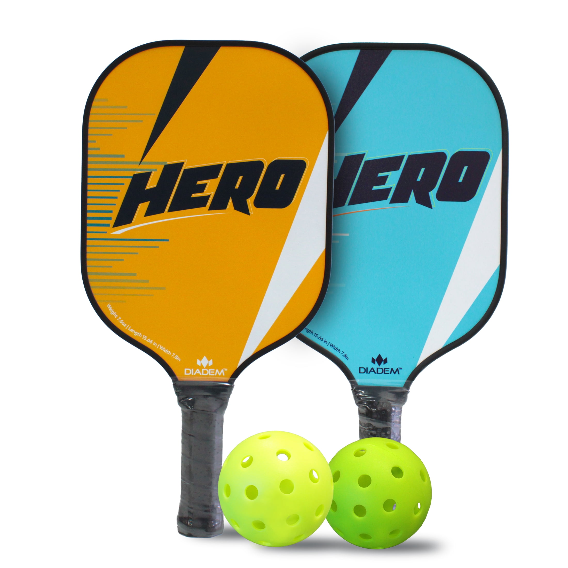 Diadem Sports Hero Pickleball Starter Set, includes 1 Blue Paddle + 1 Orange Paddle + 2 Balls + Bonus Mesh Carrying Bag,16oz