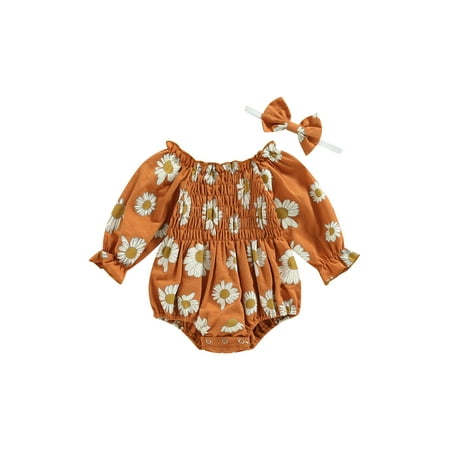 

FOCUSNORM Infant Baby Girls Jumpsuit Daisy Printed Long Sleeve Romper Bodysuit and Headband Clothes