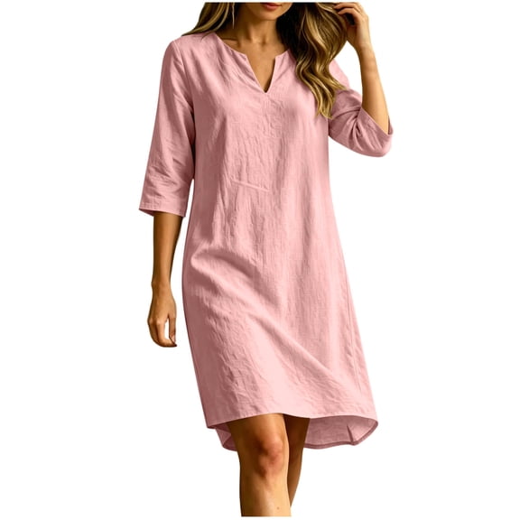 ZToonmas Women's 3/4 Sleeve V-Neck Shift Dress Casual Loose A-Line Midi Dress for Summer