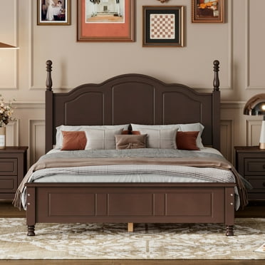 Full Size Wood Platform Bed Frame,Retro Style Platform Bed with Wooden Slat Support,Dark Walnut 86AAD
