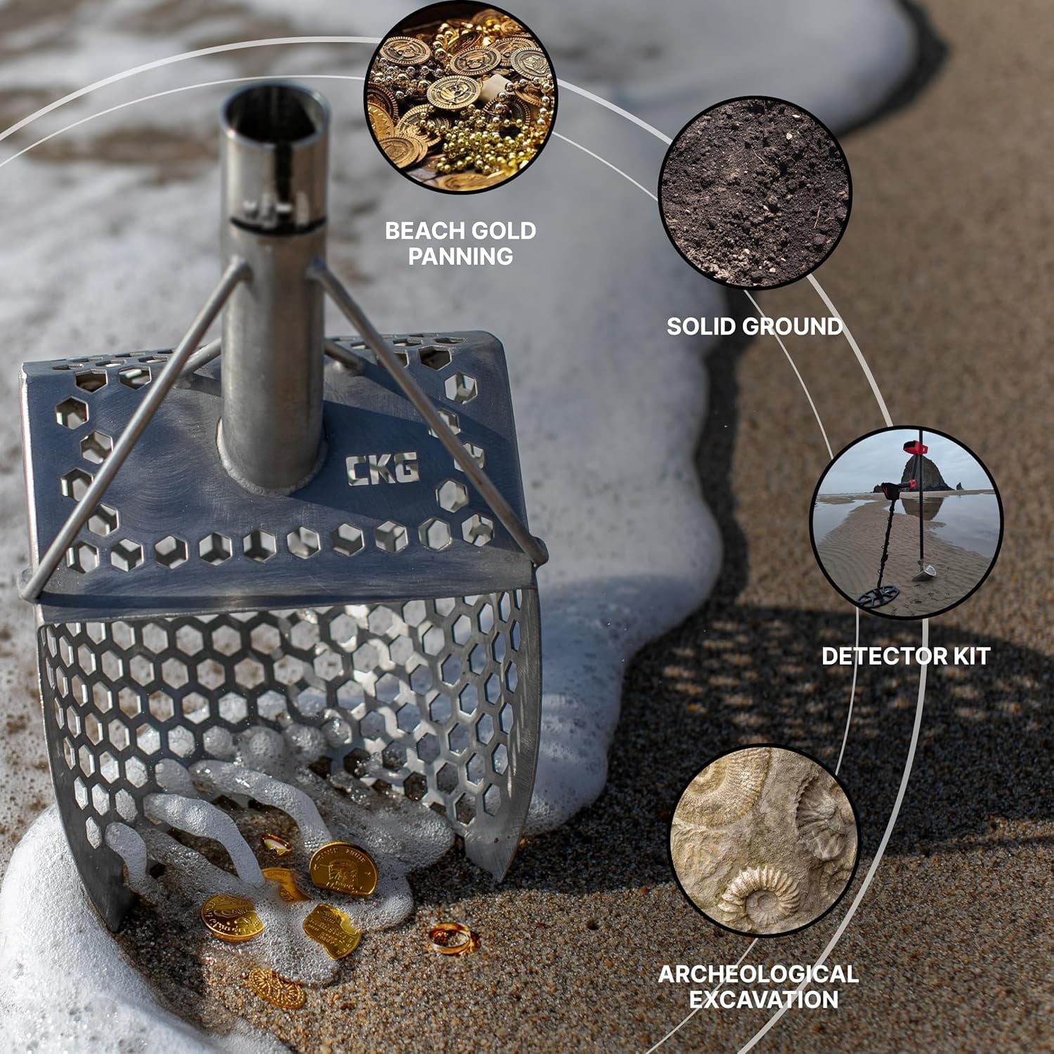 CKG Sand Scoops for Beach Metal Detecting Stainless Steel Beach Metal Detecting Shovel Underwater Treasure Hunting, Metal Detector Accessories(Bag + Scoop + Carbon Fiber Handle), (9x6 + Handle)