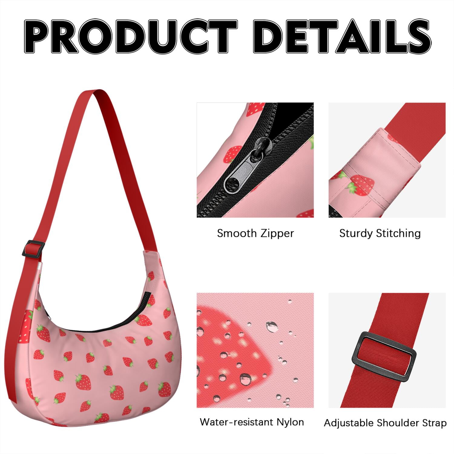 Fruity Strawberry Lover Shoulder Bag for Women, Cute Red Print Crossbody Purse, Lightweight Water-Resistant Hobo Tote, Sweet Summer Berry Handbag