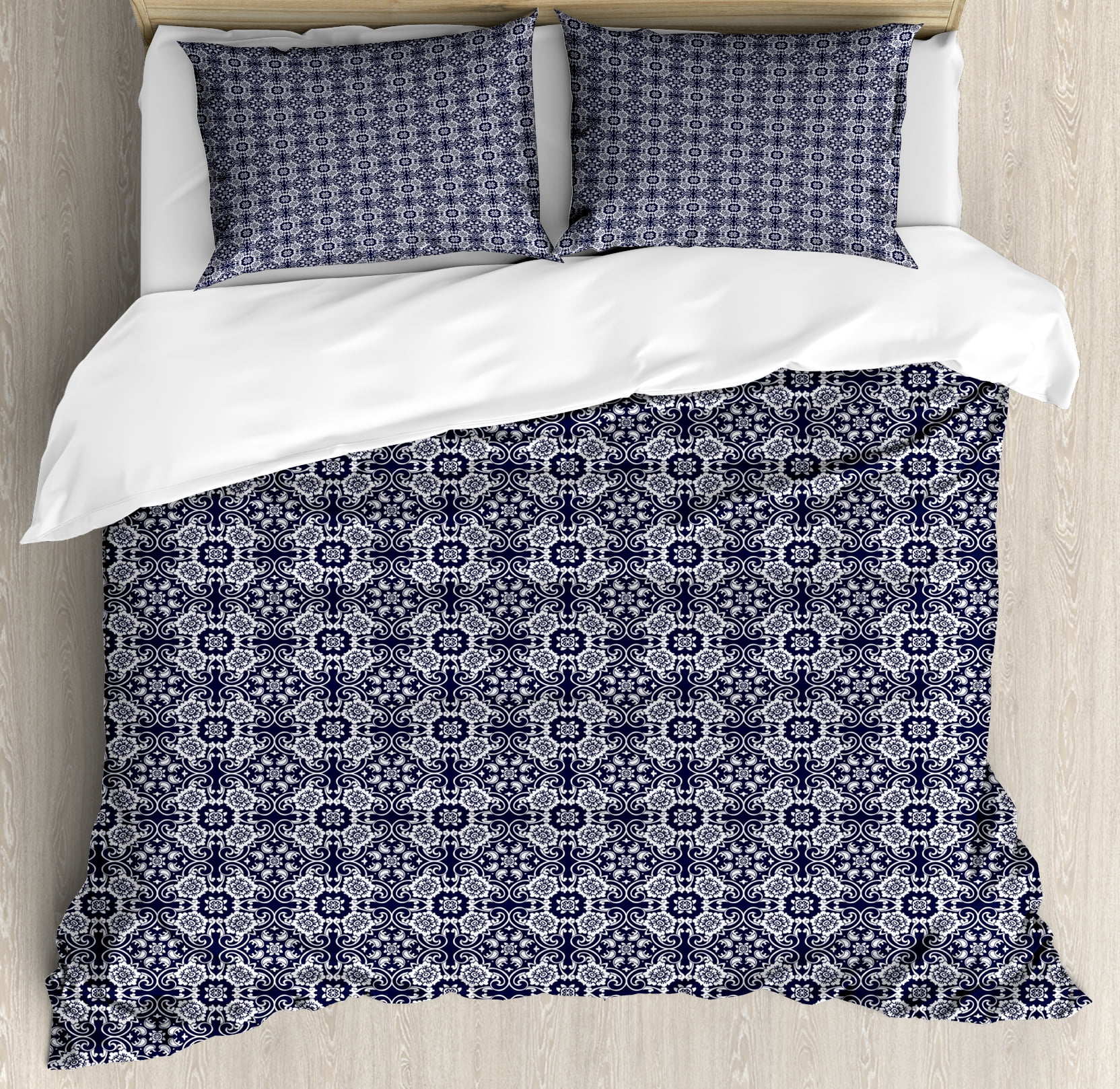 Navy Blue Duvet Cover Set, Japanese Inspired Curves Lace Arrangement