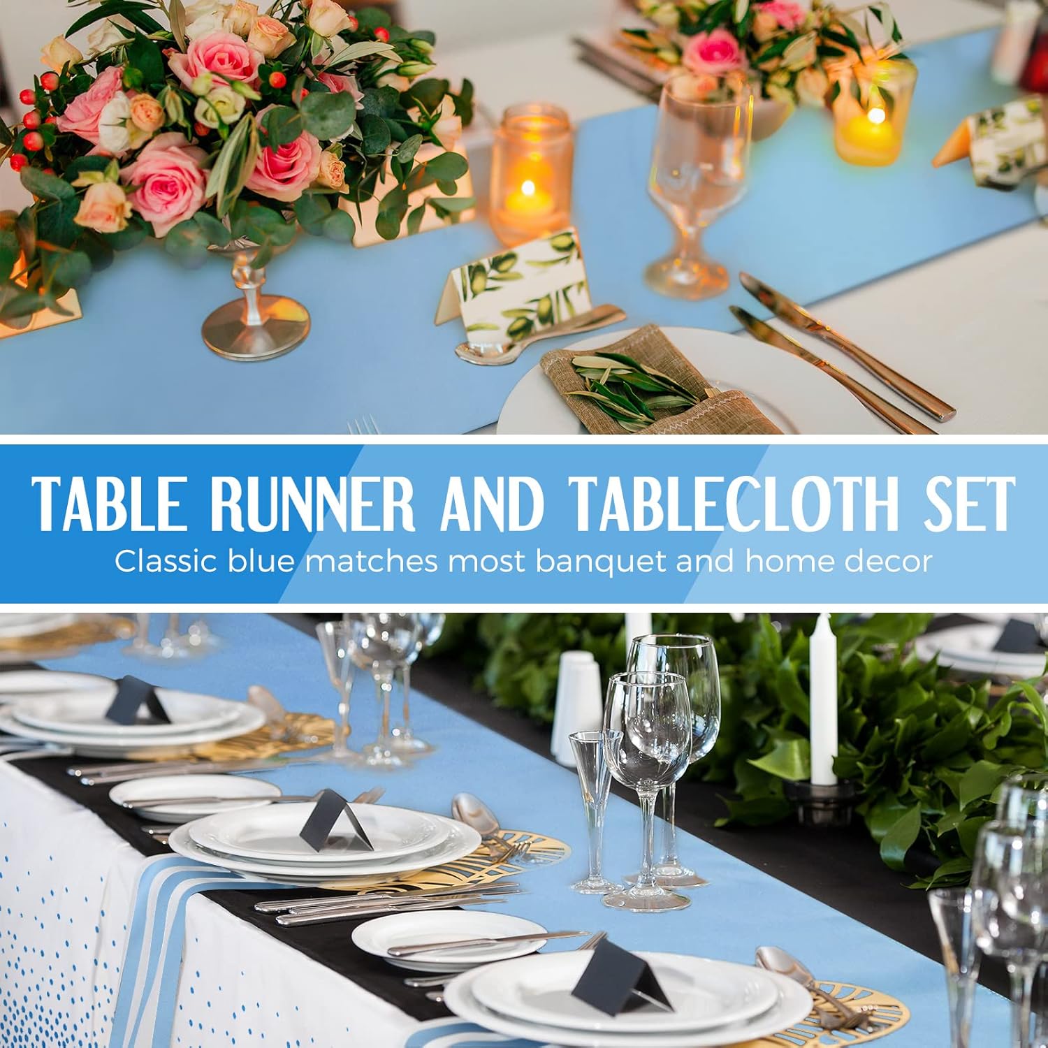 16 Packs Disposable Plastic Tablecloths and Satin Table Runner Set, 54 x 108 Inch Tablecloth Table Runners for Wedding Graduation Birthday Baby Shower
