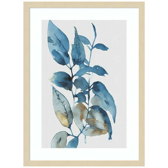 Amanti Art Blue Golden Leaves I Wood Framed Wall Art Print