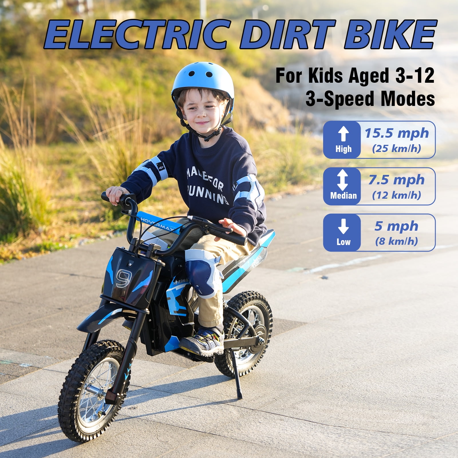 HOVERMAX H12M 36V Electric Dirt Bike, 300W Electric Motorcycle 15.5MPH Max Speed, Ride On Toys motocross for Kids Teens, Blue