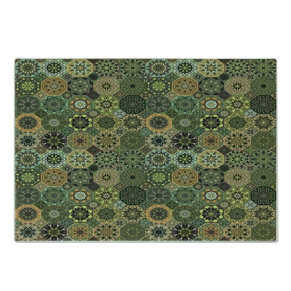 Mandala Cutting Board, Oriental Elements with Floral Design Retro Octagons and Rhombuses Pattern, Decorative Tempered Glass Cutting and Serving Board, Small Size, Multicolor, by Ambesonne