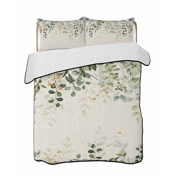 Quilt King Size Bedding Set, Sage Green Reversible Summer Quilt 3 Pieces, Eucalyptus Leaves Lightweight Bedspreads Coverlets with 2 Pillow Shams for All Seasons