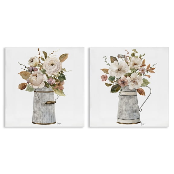 Stupell Industries Country Bouquet in Tin Vessel Floral Painting Wrapped Canvas Canvas Art Print Wall Art, 17 x 17, Set of 2