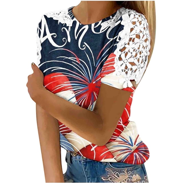 Camisas de Manga Corta para las Mujeres Impresión Cuello Redondo Suéter Encaje Camisa, Blusa de Verano Casual para las Mujeres