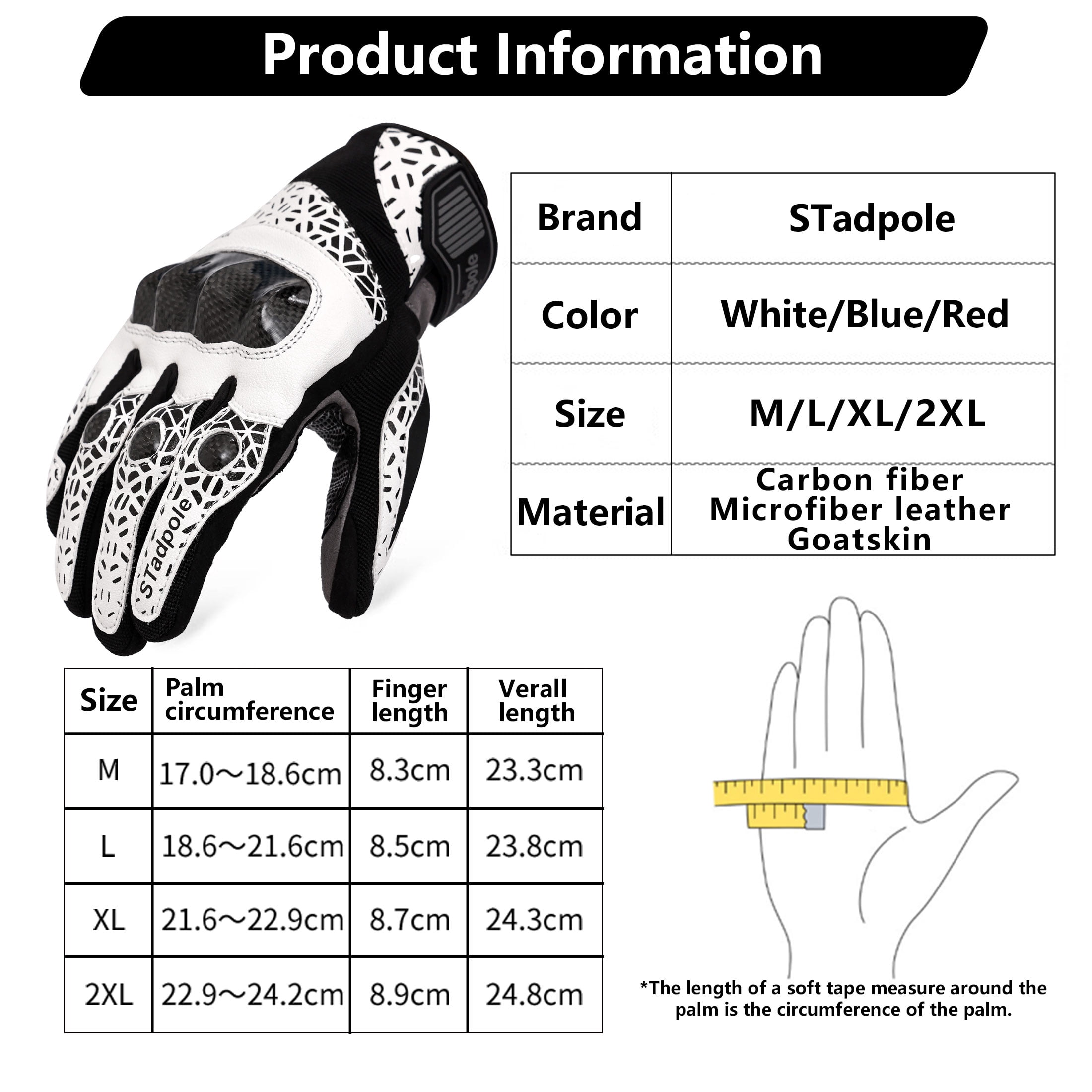 Motorcycle Gloves for Men Hard Knuckle Touchscreen Full Finger Leather Gloves Protection Riding Driving, White + Black