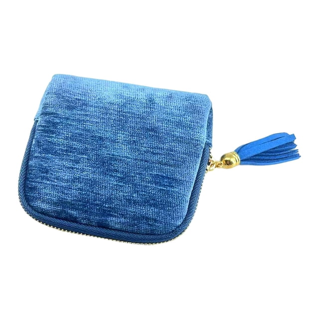 Estuche organizador de joyas de viaje pequeño, bolsa de almacenamiento portátil con borlas y cremallera para collares. Azul hielo claro