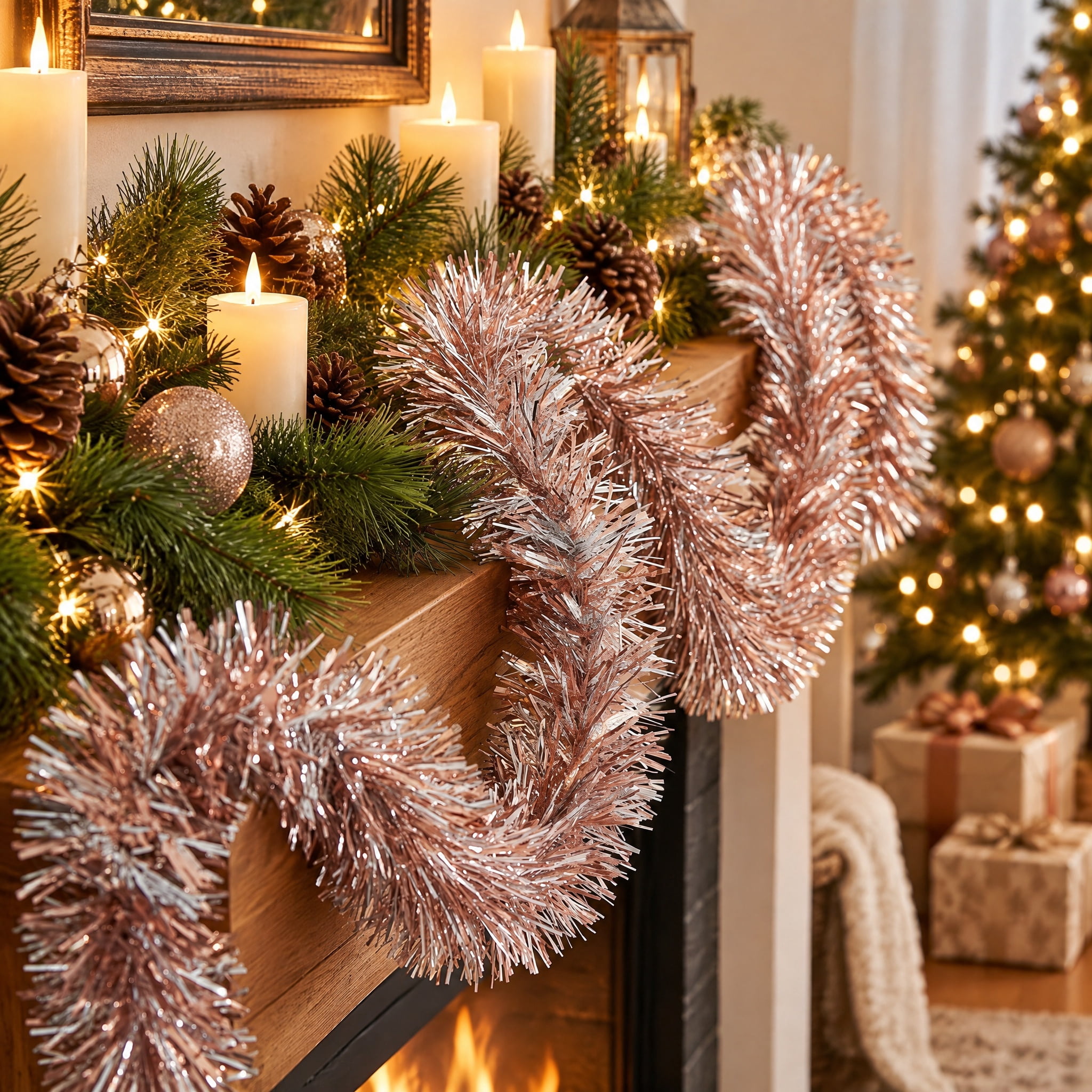 Tinsel Christmas Garland, Rose and Silver, 12', by Holiday Time