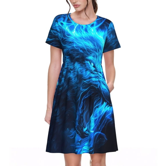 Fotbe Wolf Vestido Largo de Moda para Mujer, Vestido Tipo Camiseta con Manga Corta y Estilo Casual a Rayas y Bloques de Color