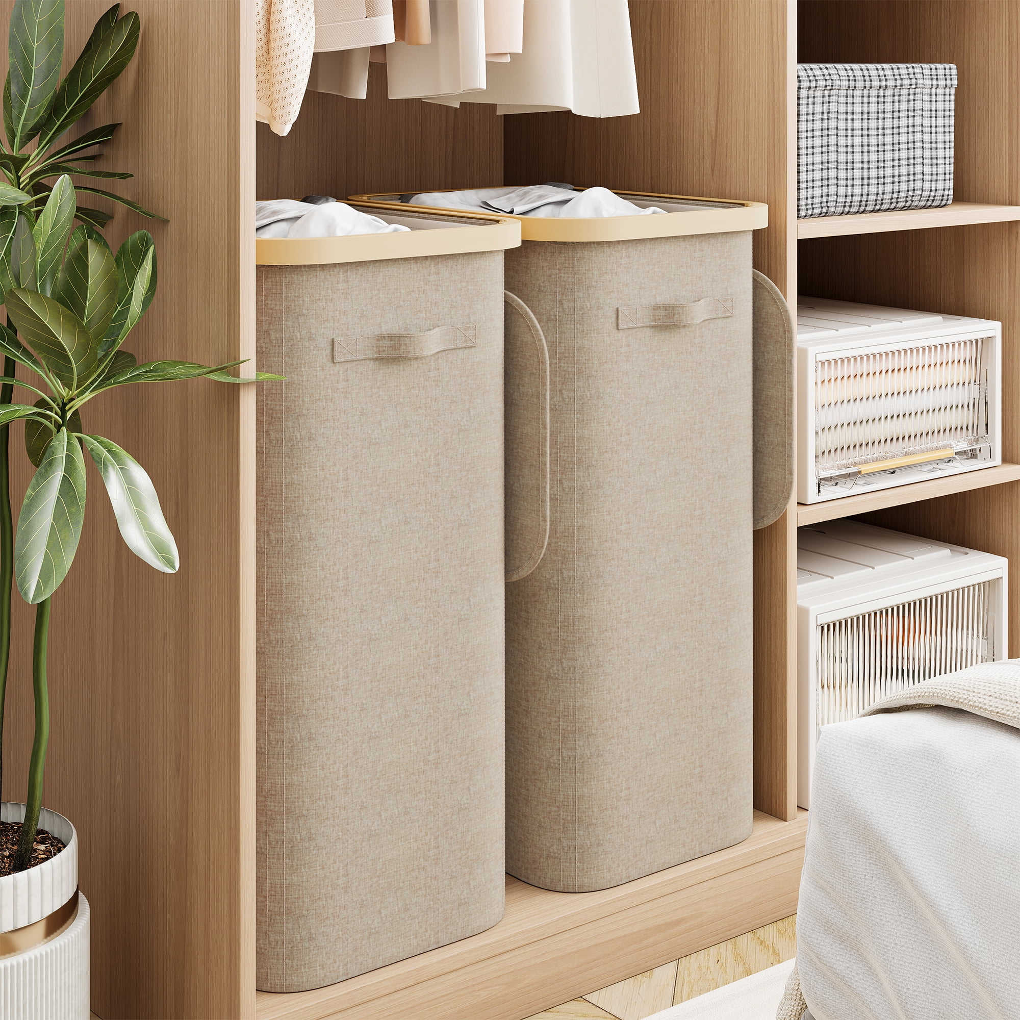 BGTREND 2PCS Slim Laundry Hamper with Lid 85L Foldable Clothes Basket with Removable Mesh Bag & Handle for Closet Bathroom Bedroom (Beige)