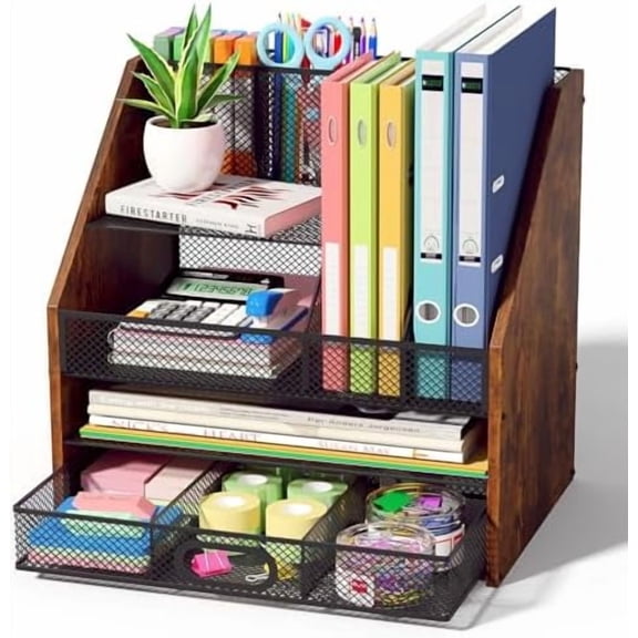 Wooden Desk Organizer - Mesh File Organizer with Drawers and  Holder - 4-Tier Vertical Paper Letter Storage Tray, Desktop Organizers and Accessories for Home Office$$Furniture