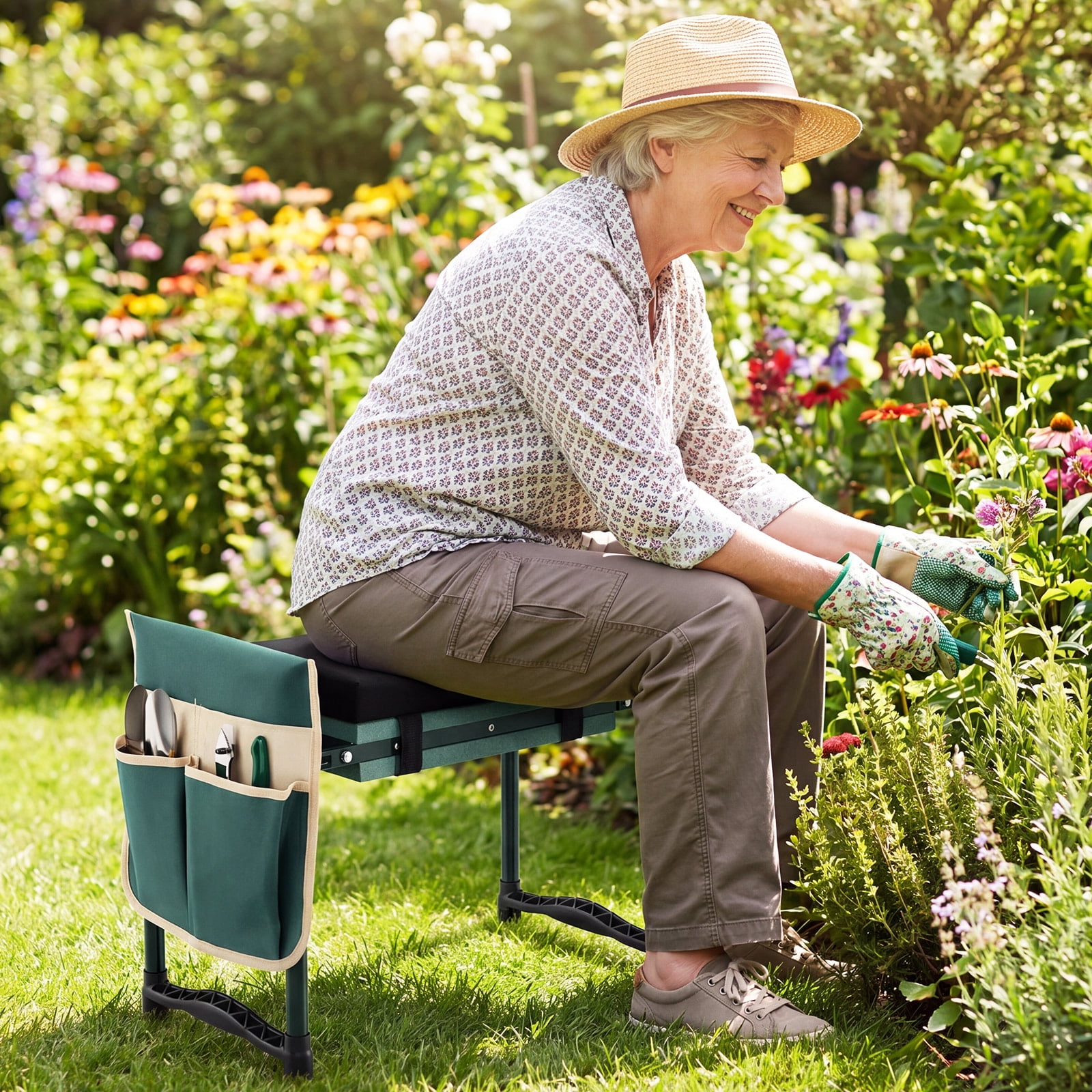 Costway Garden Kneeler and Seat, Foldable Gardening Stool with Wide EVA Foam Padding Green