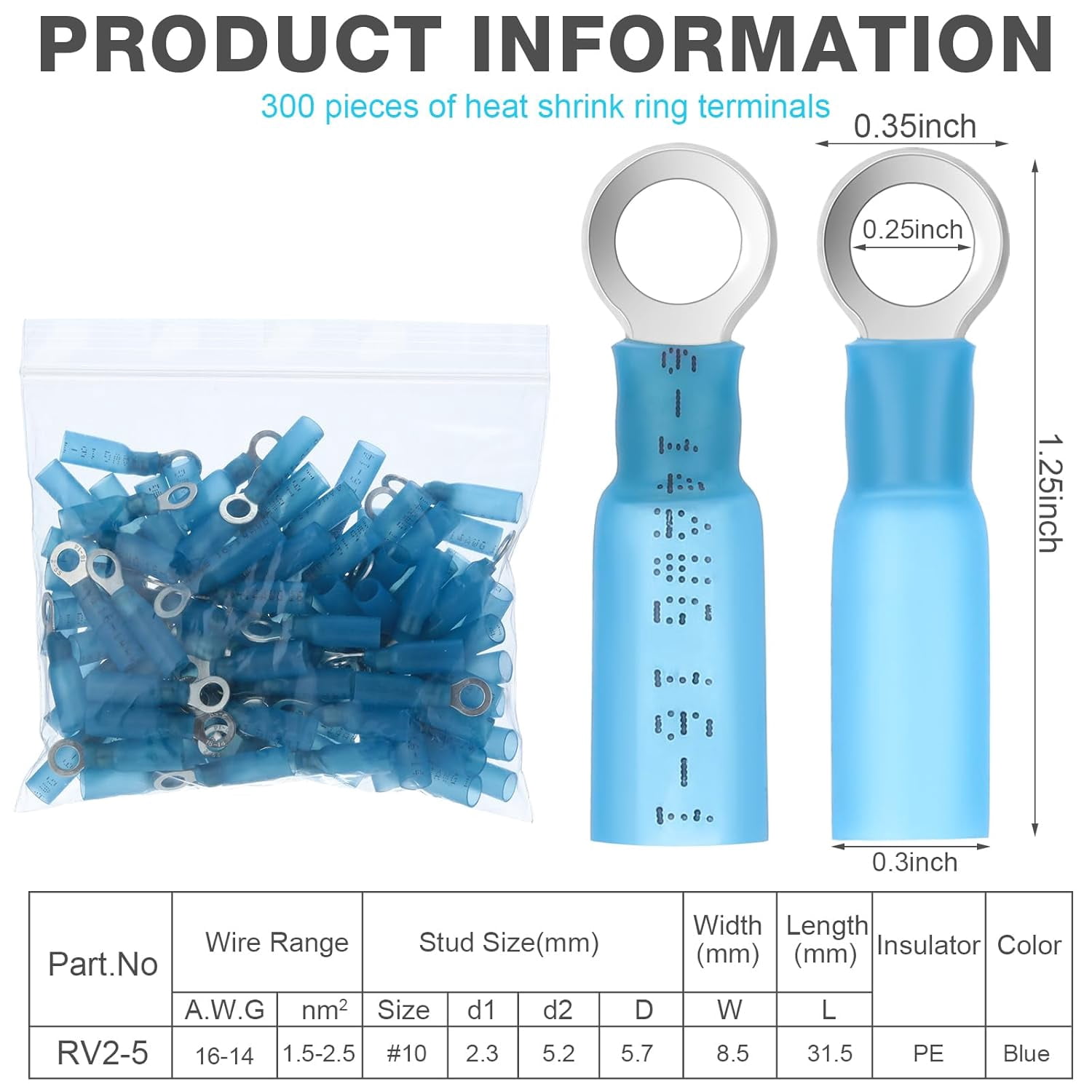 300 heat shrink ring terminals #10 electrical connector connectors transparent wire connectors, waterproof and insulated (blue, ring #10)