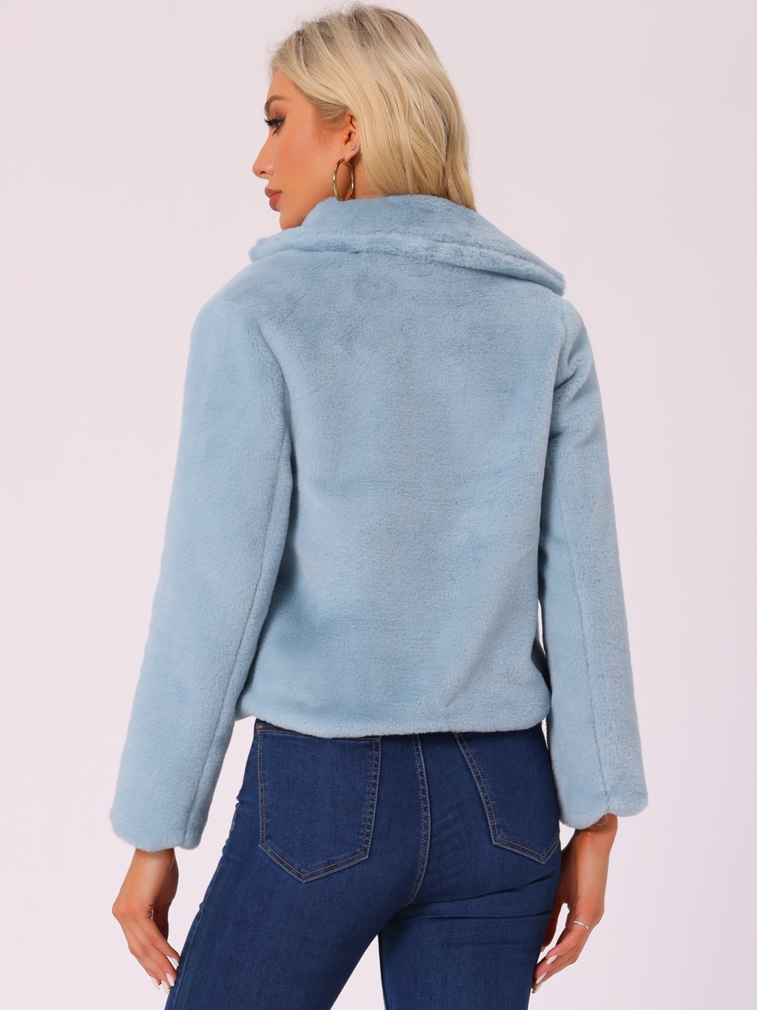 DARING DIVA Women's Cropped Notch Lapel Faux Fur Fluffy Coat XL Light Blue