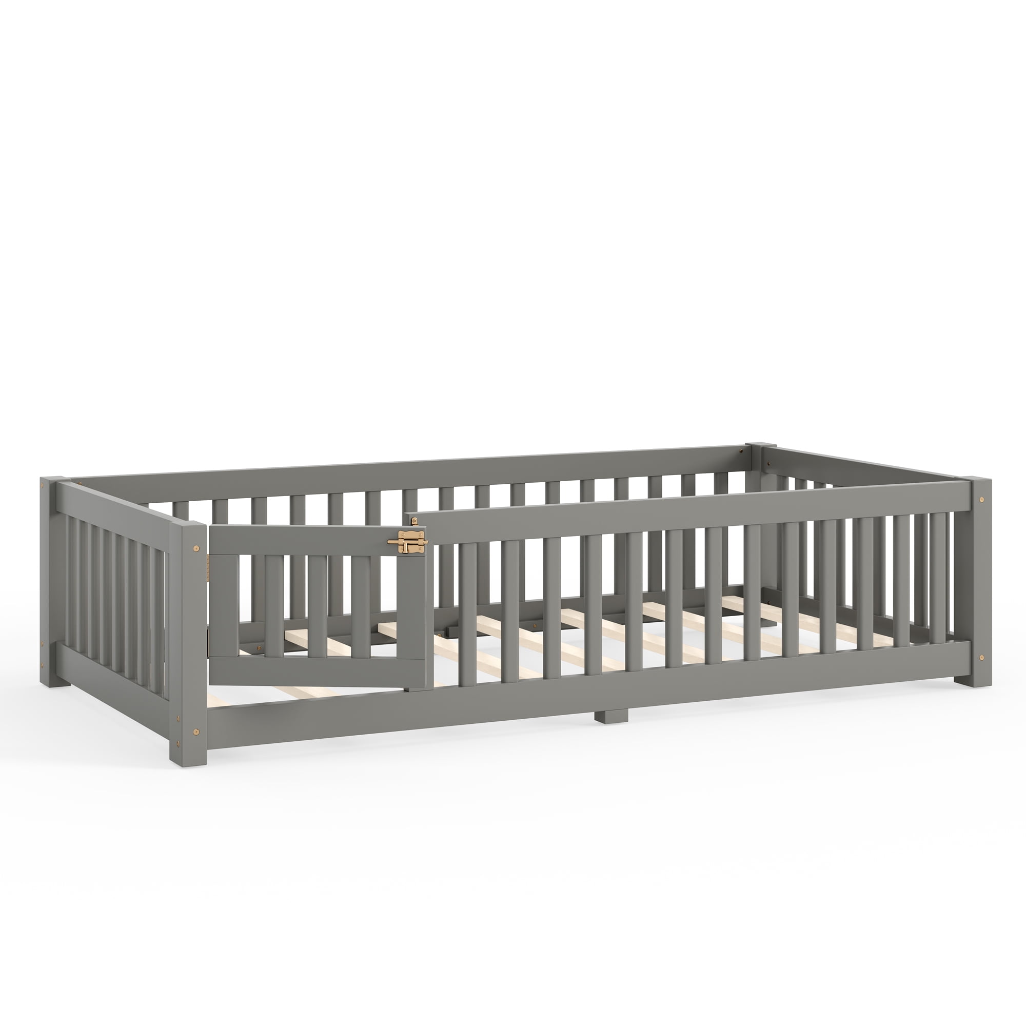 Twin Size Kids Floor Bed with Door and Full-Length Guardrails, Wood Montessori Floor Bed with Support Slats, Toddler Bed for Boys Girls, No Box Spring Needed Design