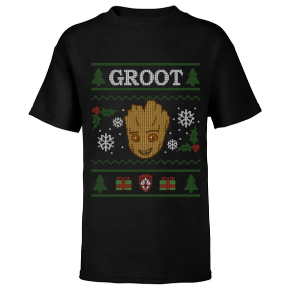 Marvel Groot Guardians of the Galaxy Ugly Christmas Sweater - Short Sleeve T-Shirt for Kids - Customized-Black