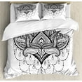 thumbnail image 1 of Henna Duvet Cover Set Queen Size, Ethnic Zentengle Tattoo Style Ornamental Lotus Flower Japanese Culture Inspired Art, Decorative 3 Piece Bedding Set with 2 Pillow Shams, Black White, by Ambesonne, 1 of 3
