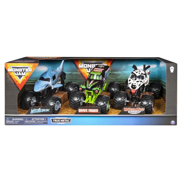 Monster Jam, 1:24 Scale Die-Cast Monster Truck 3-Pack (Grave Digger, Megalodon, Monster Mutt Dalmatian)