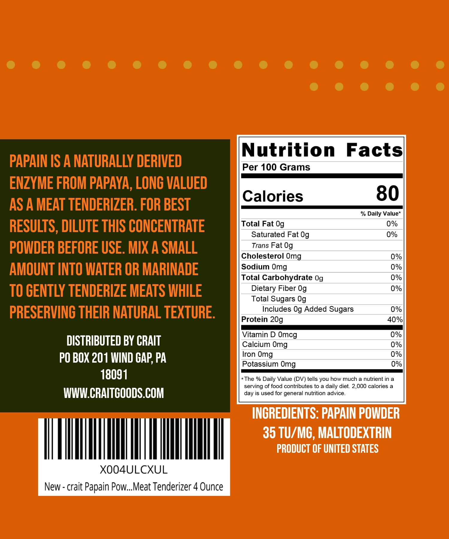 crait Papain Powder 35 TU/mg, Salt-Free Papain Meat Tenderizer Powder Derived from Papaya 4 Ounce