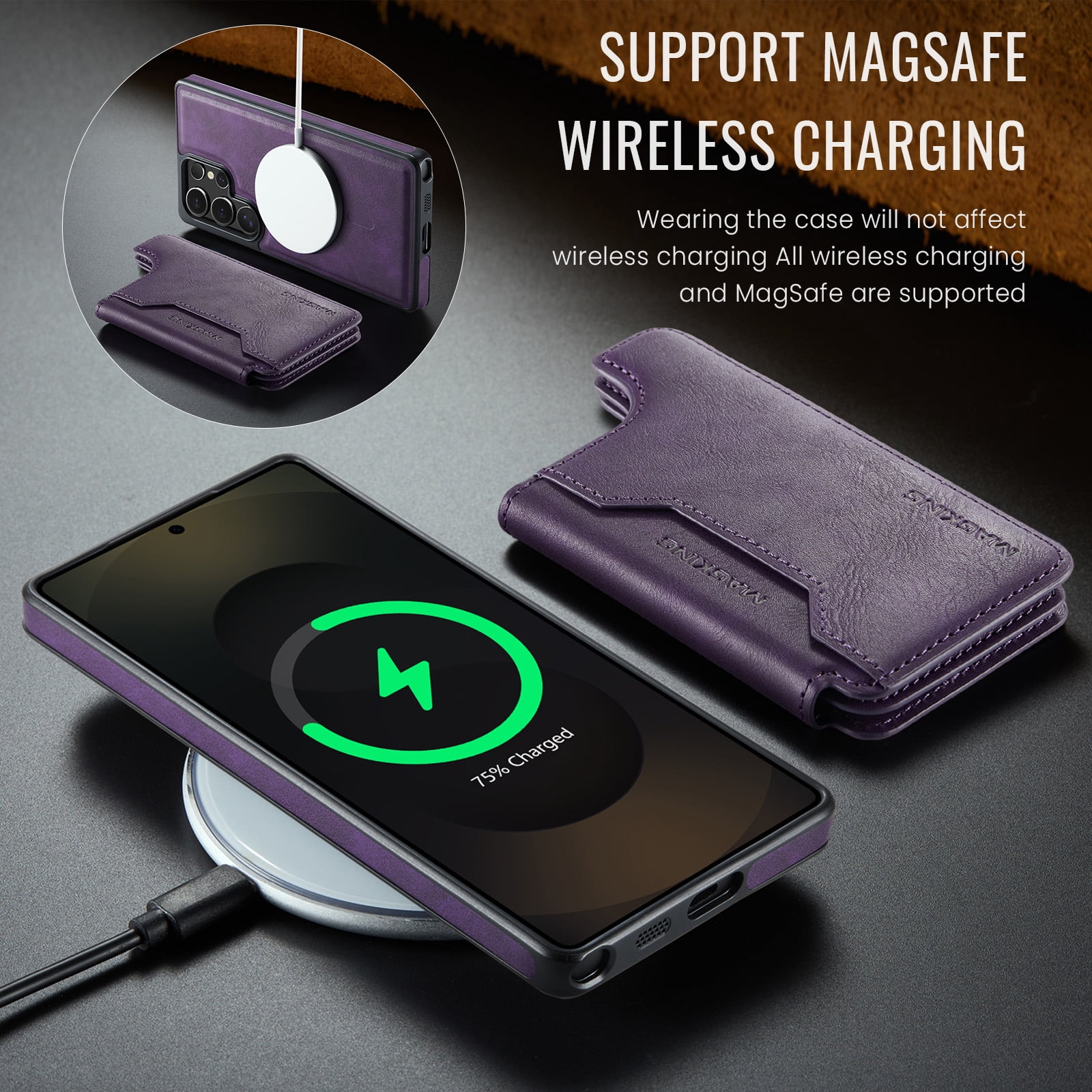 Designed for Samsung Galaxy S24 Ultra Wallet Phone Case,Magnetic Detachable Flip Card Holder,Back Flip Kickstand,Compatible with Mag-Safe,2-in-1 PU Leather Heavy Duty Shockproof Phone Case,Purple