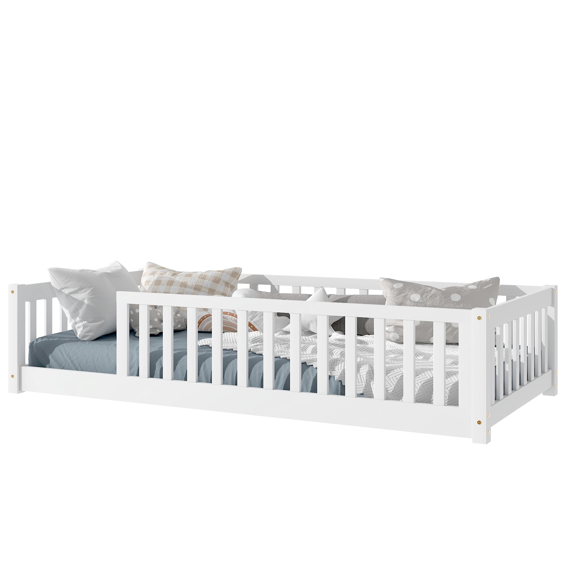 Sailvan Twin Floor Bed with Safety Guardrails,Solid Rubber Wood Fence Kids Bed Frame White