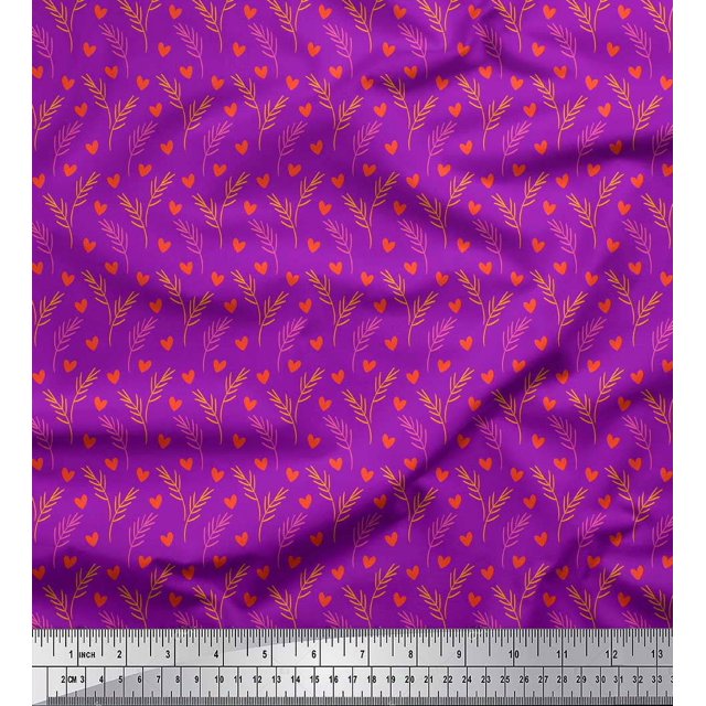 Soimoi Purple polyester Crepe Fabric Leaves & Heart Decor Fabric Printed Yard 42 Inch Wide