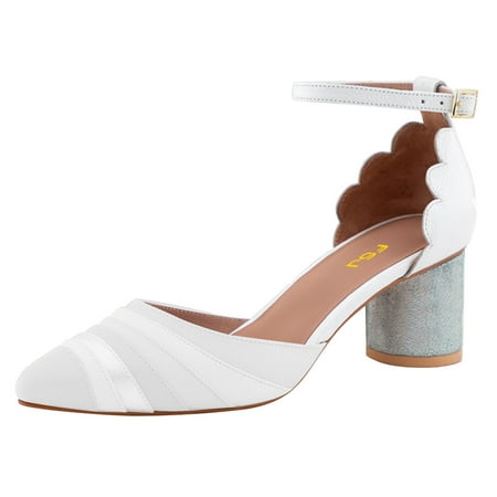 FSJ Women Chic Block Chunky Low Heels Pumps Rainbow Pointed Closed Toe Ankle Strap Buckle D Orsay Sandals Multicolor Ladies Party Office Shoes Size 16 White